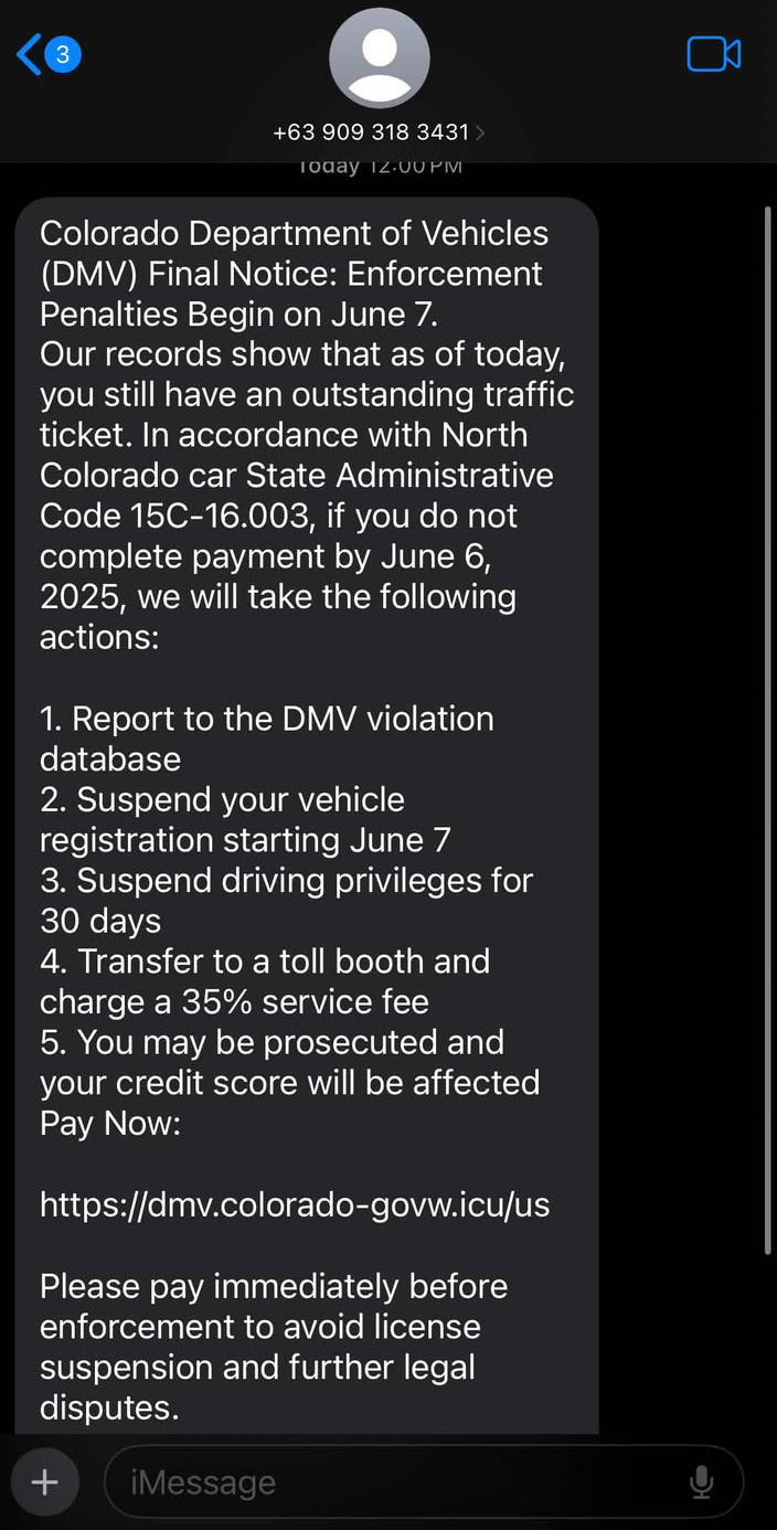 Screenshot of text message scam