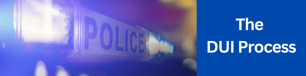 Illuminated lights on top of a police car and text reading The DUI Process