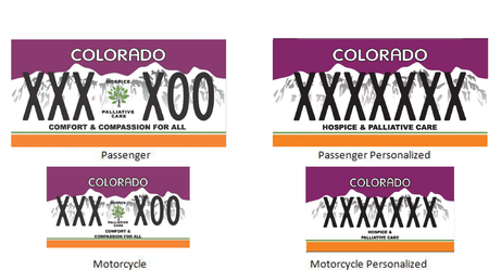 Hospice and Palliative Care License Plate with Purple sky and white mountains and a tree logo in the middle featuring the 