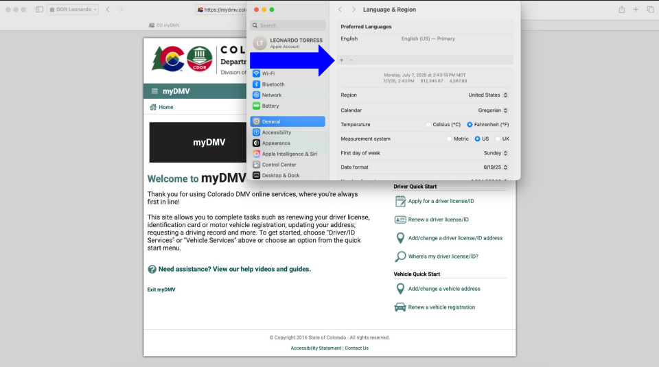 Safari pop up window for Language and Region displayed.