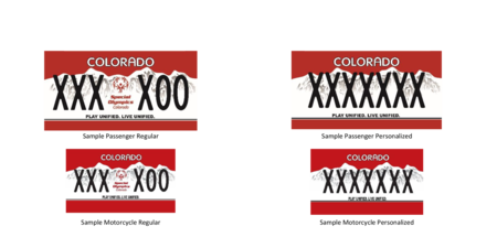 Special Olympics License Plate with a red background and white mountains and the special Olympics logo in the middle