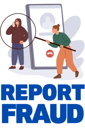 Cartoon cell phone with a young lady using a magnifying glass as a net to catch the thief