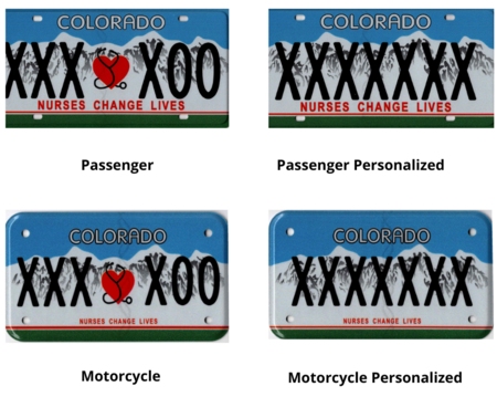 Colorado Nurses License Plate with a blue background and white mountains with red heart and stethoscope image in the middle