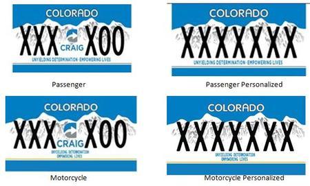 Craig Hospital License Plate with an Azure blue background and white mountains with the Craig Hospital logo in the middle