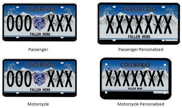 Fallen Hero's Colorado License plate with a Blue background and white mountains and the Fallen Heros logo in the middle 
