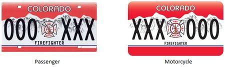 Firefighter Colorado License Plate with a red background and white mountains and Firefighter emblem in middle