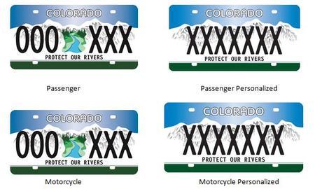 Protect Our River License Plate featuring a blue gradient background with white mountains and picture of a river in the middle