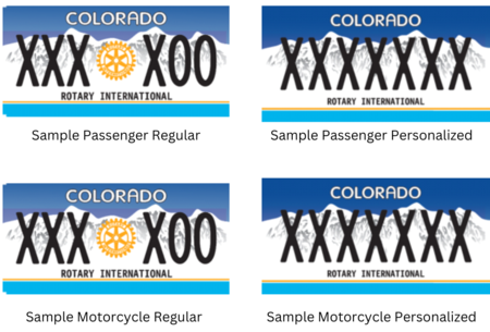 Rotary International License Plate featuring a blue background and white mountains with an image of a rotary in the middle