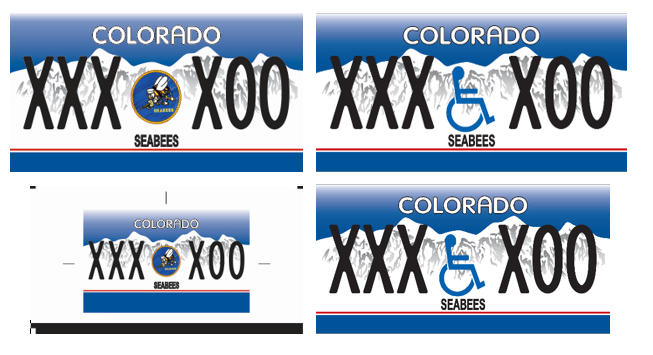 Navy Seabees License Plate with a blue background and white mountains with the Navy Seabees emblem in the middle of the license plate numbers