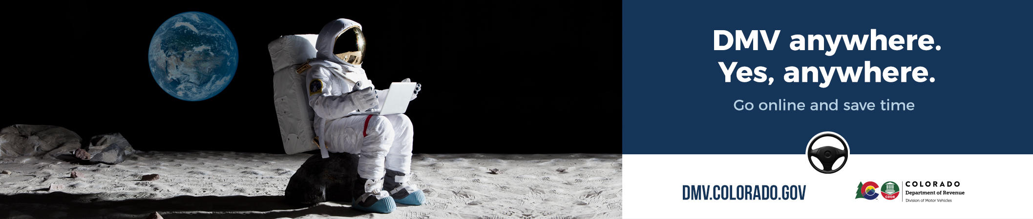 Astronaut sitting the moon on a tablet with earth in the background. DMV anywhere. Yes, Anywhere.